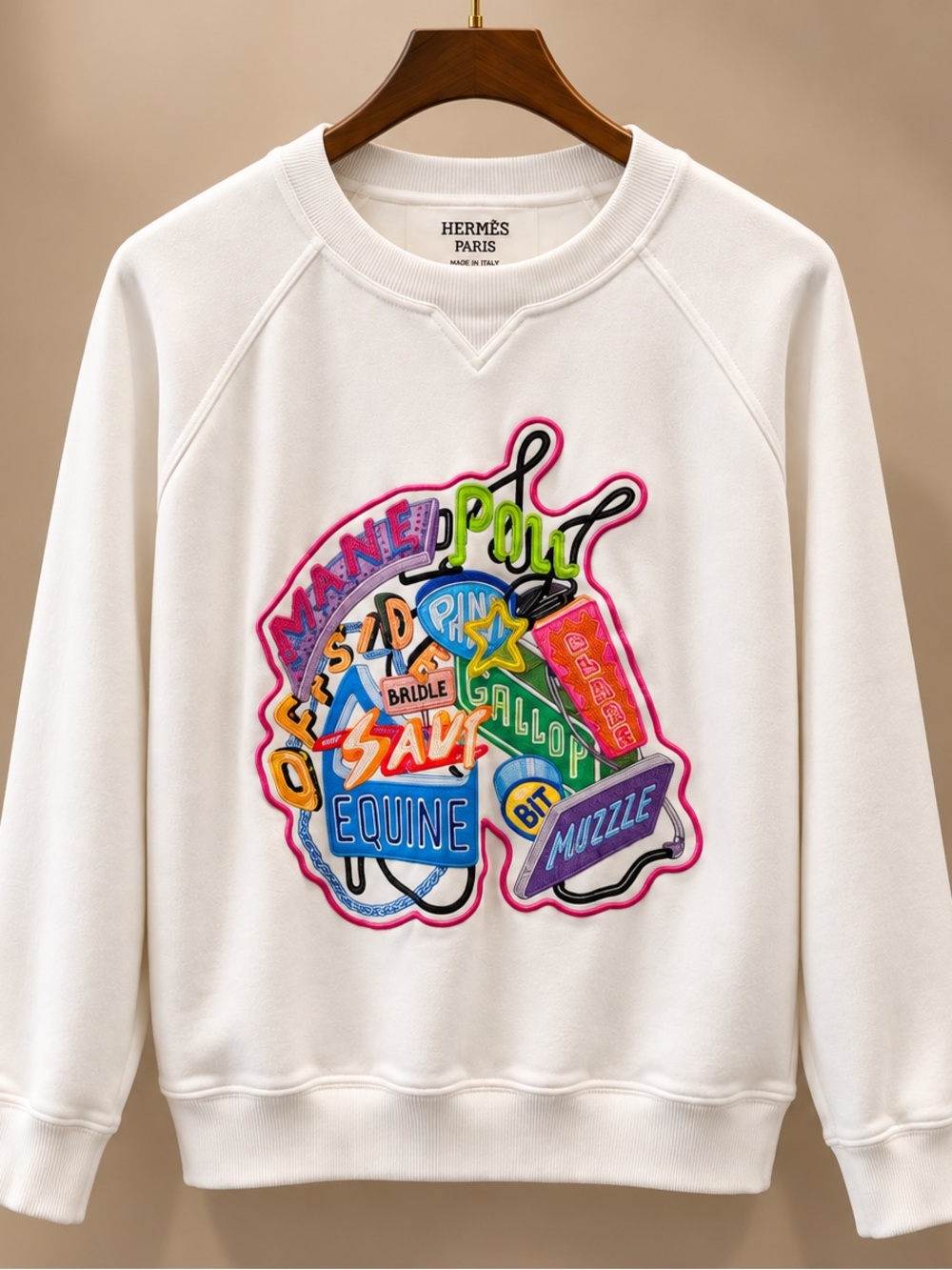 Hermes White Crewneck Sweatshirt with Multicolor Embroidered Patch